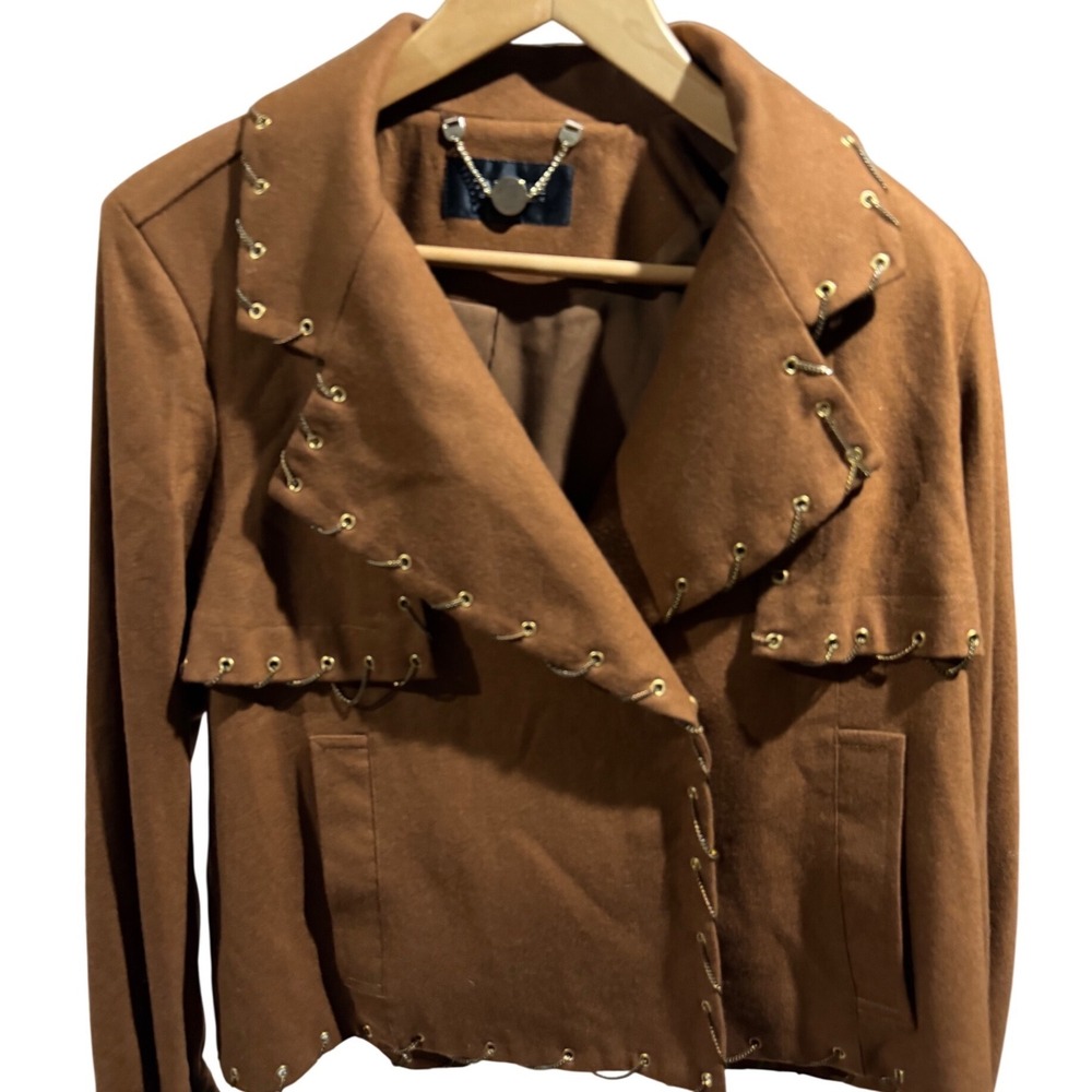 Carlisle Collection Cognac Wool Cashmere Coat Jacket Gold Chain Detail Size 8